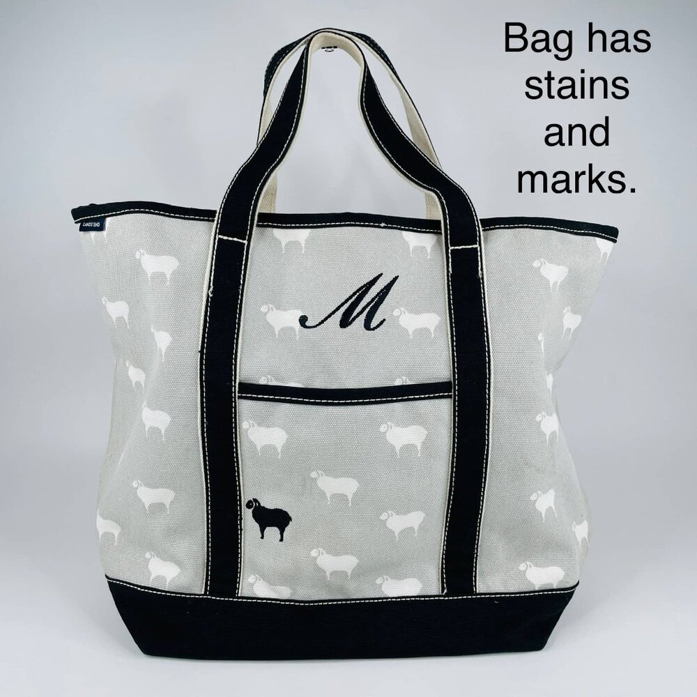 Lands End Black Sheep White Sheep Canvas Tote Bag Monogrammed "M" & STAINS